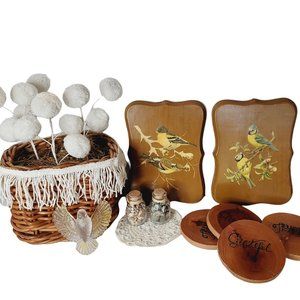 Natural Brown Wood Boho Bird Themed Curated Home Decor Bundle